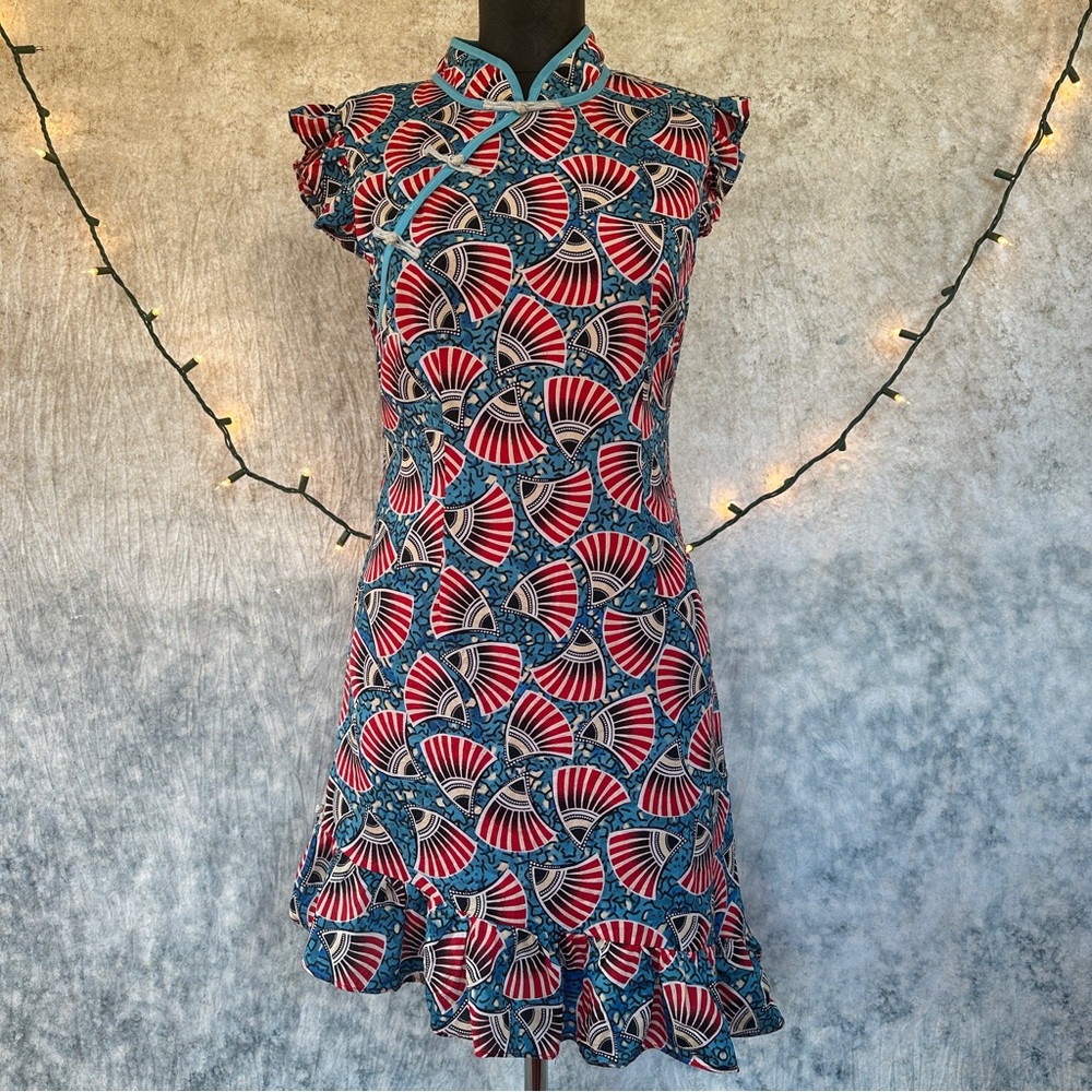 🪩Red and Blue Fan Pattern Asian inspired dress